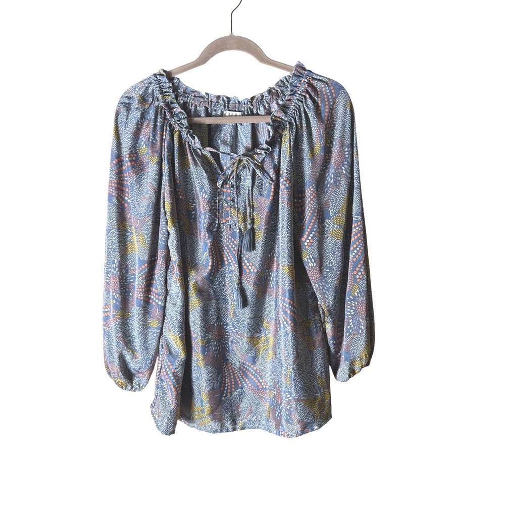 Paani Grey Orange Dotted Floral Tassel Tie Peasant Blouse Top Medium